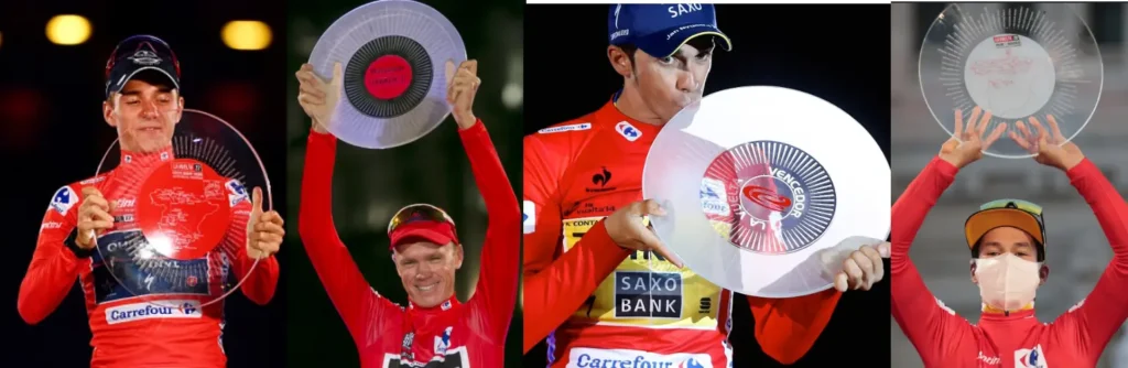 Ciclistas Remco Evenepoel, Chris Froome, Alberto Contadory Primoz Roglic sosteniendo el trofeo de la Vuelta a España